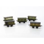 Early and later Hornby 0 Gauge No 1 Southern Railway Coaching Stock, all in lithographed SR green