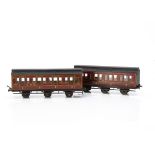Two Milbro 0 Gauge LMS 6-wheeled clerestory-roofed Coaches, both all-thirds in LMS lined crimson, No