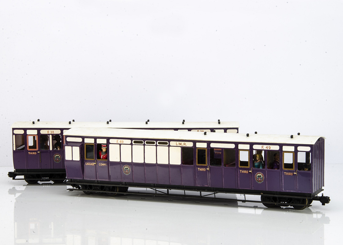 Rake of four Kit/Scratchbuilt G Gauge Isle of Man Railway bogie Coaches, all in purple and white, - Image 2 of 2