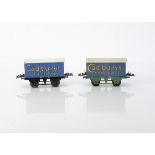 Hornby 0 Gauge 'T3-base' Cadbury's Chocolates Vans, one on green base with (repainted) off-white