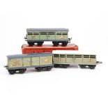 Hornby 0 Gauge No 2 Van and Cattle wagons, the van in GW grey/blue-grey with large edged-gold