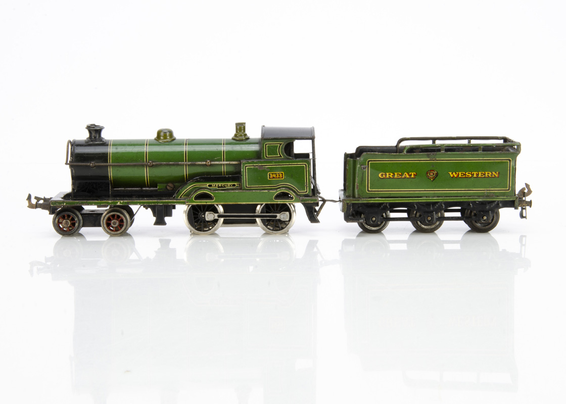 A modified Bing 0 Gauge electric 'Mercury' 4-4-0 Locomotive and Tender, in lithographed GWR green as