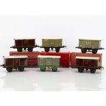 Hornby 0 Gauge No O tin-printed LMS Vans, three crimson Fish vans 7674, varying P-G, with two LMS