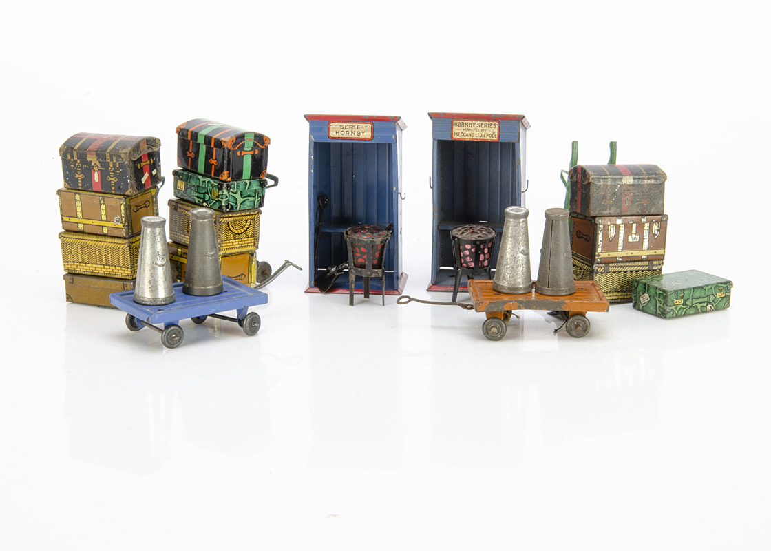 Three unboxed Hornby 0 Gauge No 1 platform accessories set and other lineside details, all luggage