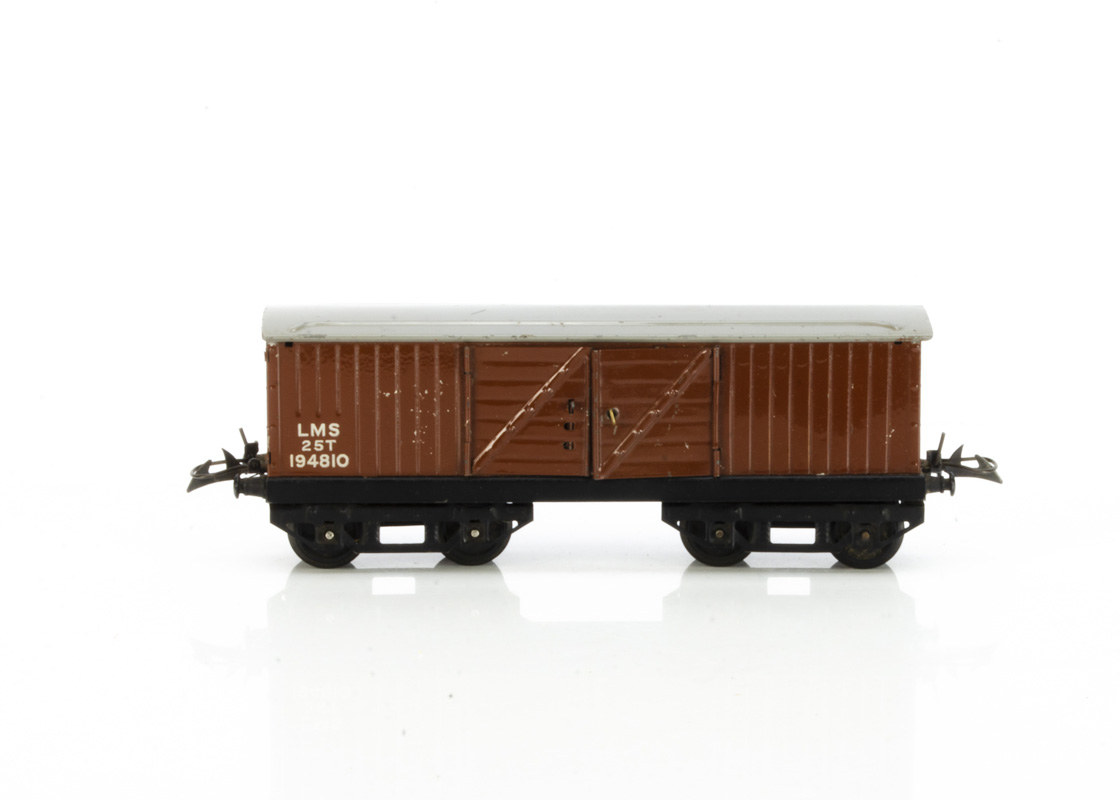 An uncommon Hornby 0 Gauge post-war LMS No 2 Parcels Van, in brown as no 194810, with grey roof