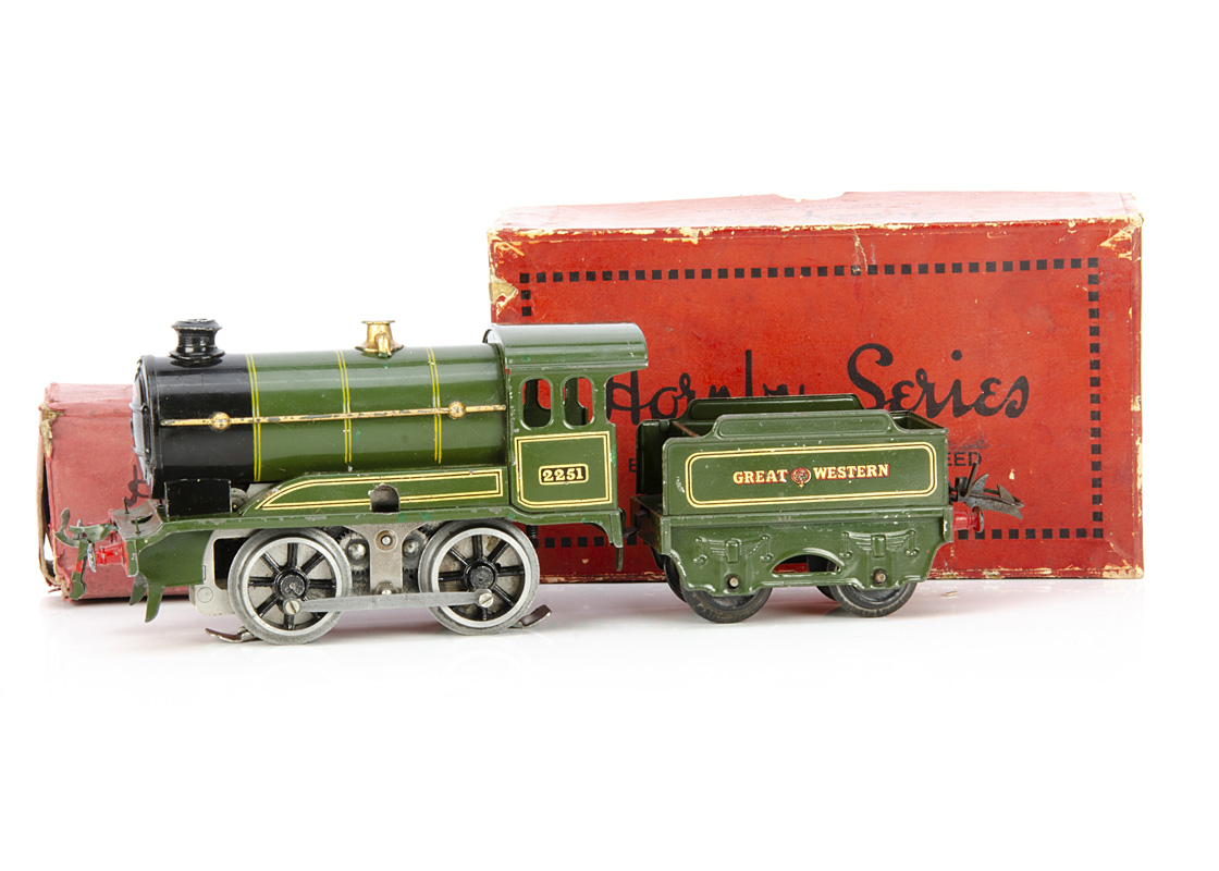 A converted Hornby 0 Gauge No O Locomotive and Tender, both in Great Western lined green, the