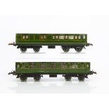 Hornby 0 Gauge No 2 SR Corridor Coaches, both in lithographed SR green, comprising 3rd class no 1311