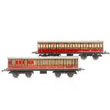 Two Hornby 0 Gauge No 2 Passenger Coaches, both in lithographed LMS crimson, as brake/3rd no 22705
