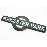 Original Southern Railway Station Target Sign Worcester Park, enamelled mounted on original wooden