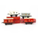 Hornby 0 Gauge LMS No 1 Gunpowder and other Vans, two red Gunpowder vans on T3 bases, both with