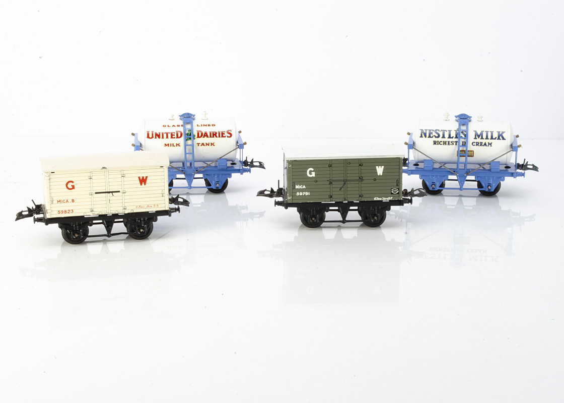 Hornby-Style 0 Gauge repro GW Mica Vans by Bernard Ridgley and repro/restored Milk Tankers,