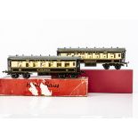 Hornby 0 Gauge No 2 Special Pullman Cars, both in the later 'brown cantrail' style with grey
