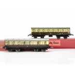 Two Hornby 0 Gauge No 2 Passenger Coaches, both in lithographed GWR brown/cream as brake/3rd no