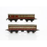 Hornby 0 Gauge No 2 LMS Suburban Coaches, both in lithographed crimson, comprising 1st/3rd composite