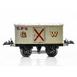 A Hornby 0 Gauge GWR Gunpowder Van, on black T3 base with axlebox slots, the body in light grey with