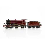 A restored Hornby 0 Gauge No E220 'Compound' 4-4-0 Locomotive and Tender, re-finished in LMS crimson