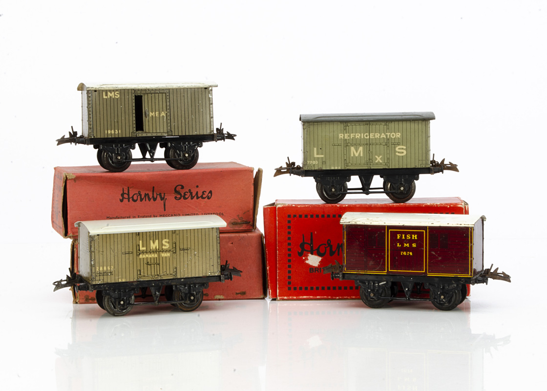 Hornby 0 Gauge No O tin-printed LMS Vans, crimson Fish van 7674, with LMS grey Meat Van 19631,