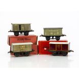 Hornby 0 Gauge No O tin-printed LMS Vans, crimson Fish van 7674, with LMS grey Meat Van 19631,