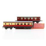 A Hornby 0 Gauge No 2 Corridor Coach and Bassett-Lowke BR coach, in lithographed LMS crimson as
