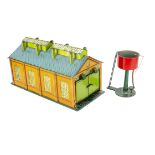 Hornby 0 Gauge 3-rail No E2E Engine Shed and No 2 Water Column, the engine shed with original