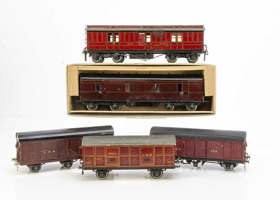 Wood-built 0 Gauge LMS Vans, all in LMS crimson, a 2-axle Milk Traffic van No 7261, and 6-wheel