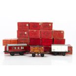 Post-war Hornby 0 Gauge 4-wheeled Passenger and Freight Stock, A no 1 LNER coach and three passenger