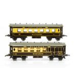 Hornby 0 Gauge No 2 Special Pullman Cars, two of the later grey-roofed versions with brown
