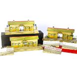 Three part-restored Hornby 0 Gauge 'speckled-platform' Stations, two no 2 stations with added