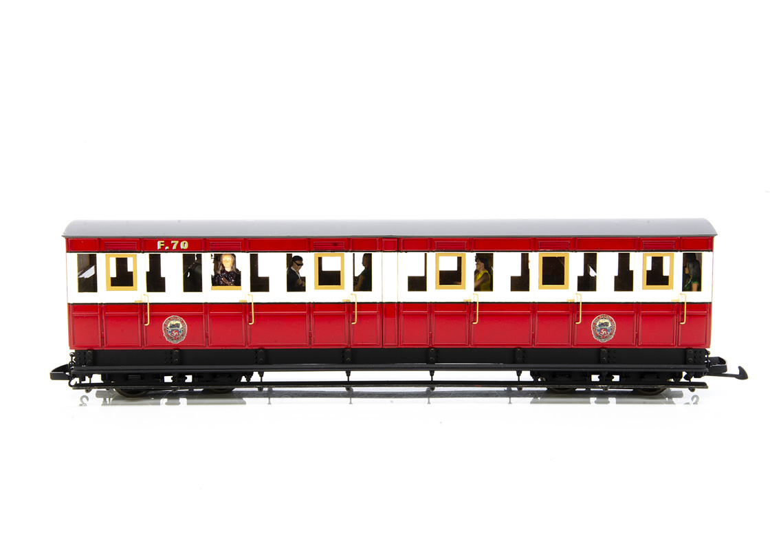 British Model Supply Accucraft Isle of Man Third Class 'Pairs' Coach, in maroon and cream with