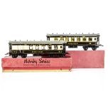 Hornby 0 Gauge No 2 Special Pullman Cars, both in the later 'brown cantrail' style with grey