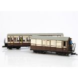 Rake of four Kit/Scratchbuilt G Gauge Ffestiniog Railway bogie Coaches and Luggage Van, all in brown