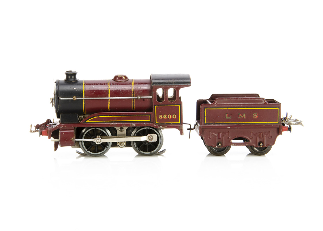 A Hornby 0 Gauge No E120 20-volt AC Locomotive and Tender, in LMS crimson as no 5600, G, moderate