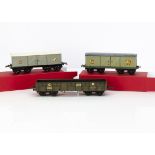 Hornby 0 Gauge pre-war GWR No 2 Freight Stock, grey/black cattle wagon with small gold lettering,