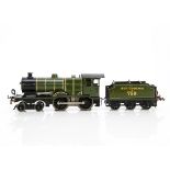 A restored Hornby 0 Gauge No E220 'L1 class' 4-4-0 Locomotive and Tender, re-finished in SR green as