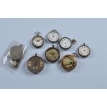 Eight assorted silver and white metal pocket and fob watches, All AF. Total weight 460g.