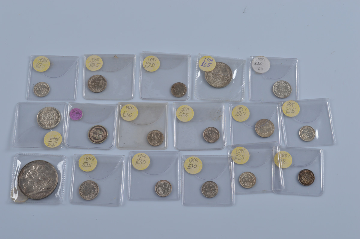 A collection of Victorian Jubilee Head and Old Head silver coins, including 1890 Crown, six