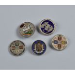 Five Georgian and Victorian silver enamel coins, including some with brooch mountings (5)