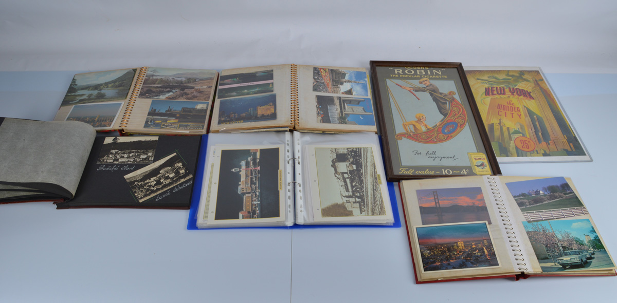 Five albums containing a good assortment of postcards and photographs, together with an Ogden's