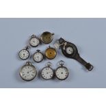 Eight assorted silver and white metal fob and pocket watches, including one with leather wristlet