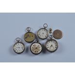 Five silver and white metal pocket watches, all AF. 446g total weight.