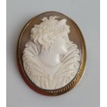 A 9ct gold and sell cameo oval brooch, the carved panel depicting an Elizabethan female profile