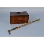 A Tunbridge ware box, 28cm wide, together with a shoehorn with a carved handle in the form of a
