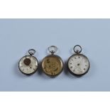 Three silver and white metal open face pocket watches, one missing face. Total weight 242g