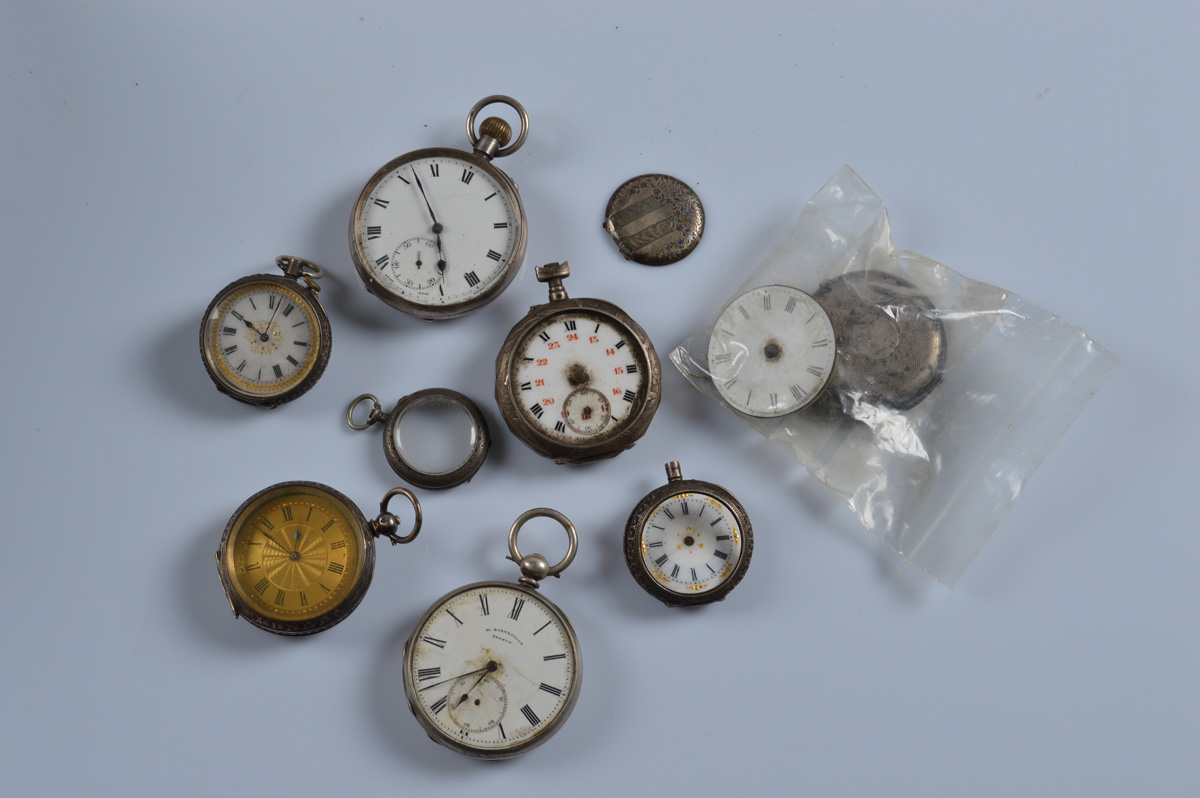 Seven assorted silver and white metal fob and pocket watches, together with one empty case, all