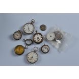 Seven assorted silver and white metal fob and pocket watches, together with one empty case, all