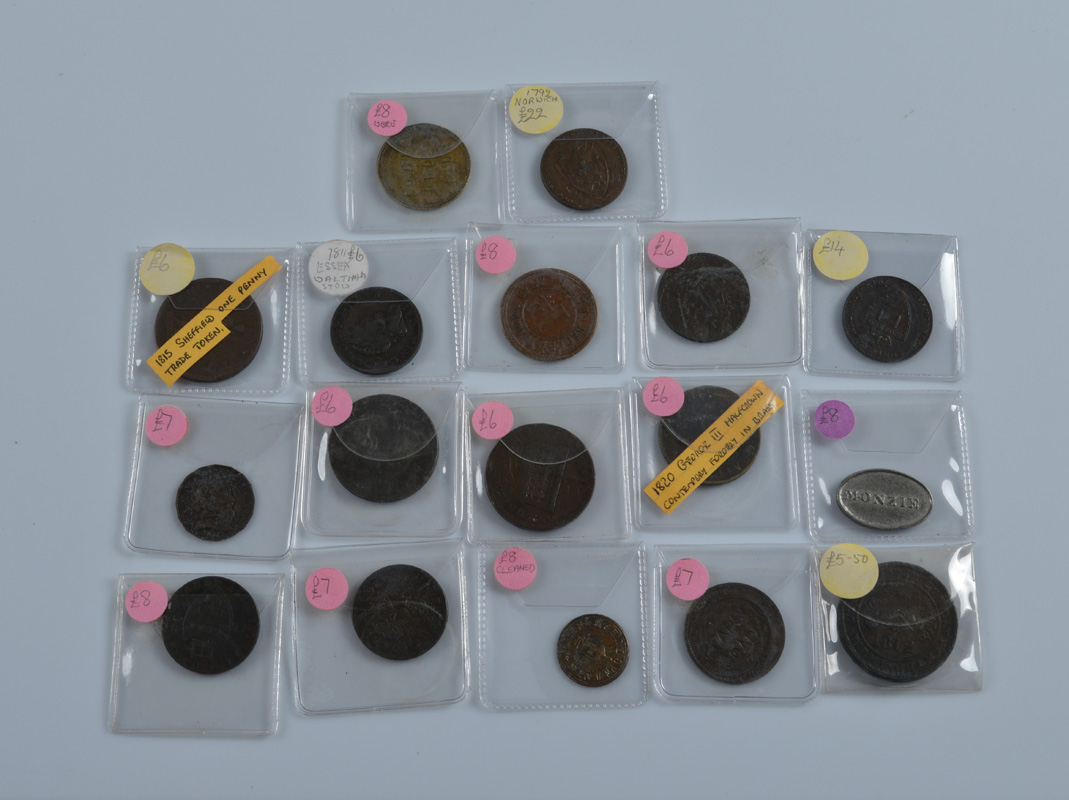 A collection of seventeen 18th and 19th century tokens and medallions, areas include Sheffield,