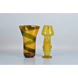 An Art Nouveau style yellow glass vase, 31cm tall, together with a mid 20th century example (2)