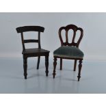 A Victorian style balloon back dining chair, with teal velvet stuff over seat on shaped and turned