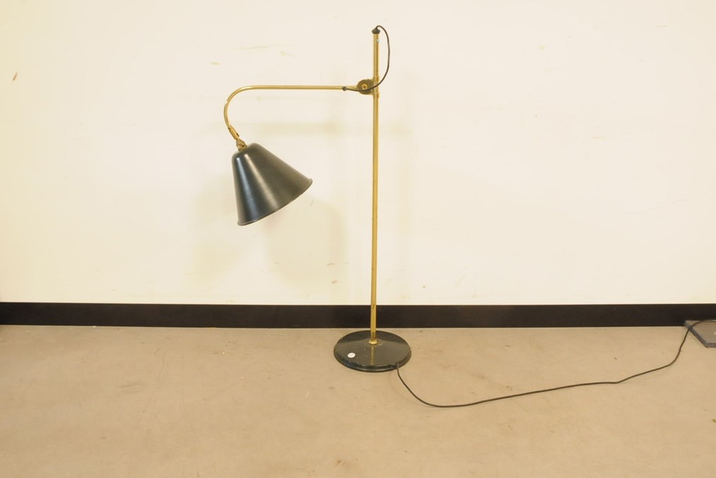 A modern adjustable floor lamp, brass with green shade, 105cm high