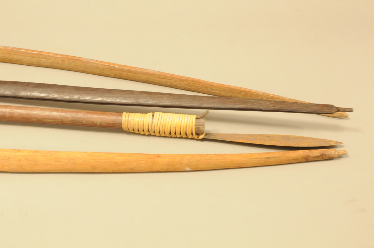 Three vintage tribal bows, on ebony and two hardwood, together with a tribal style spear (4)